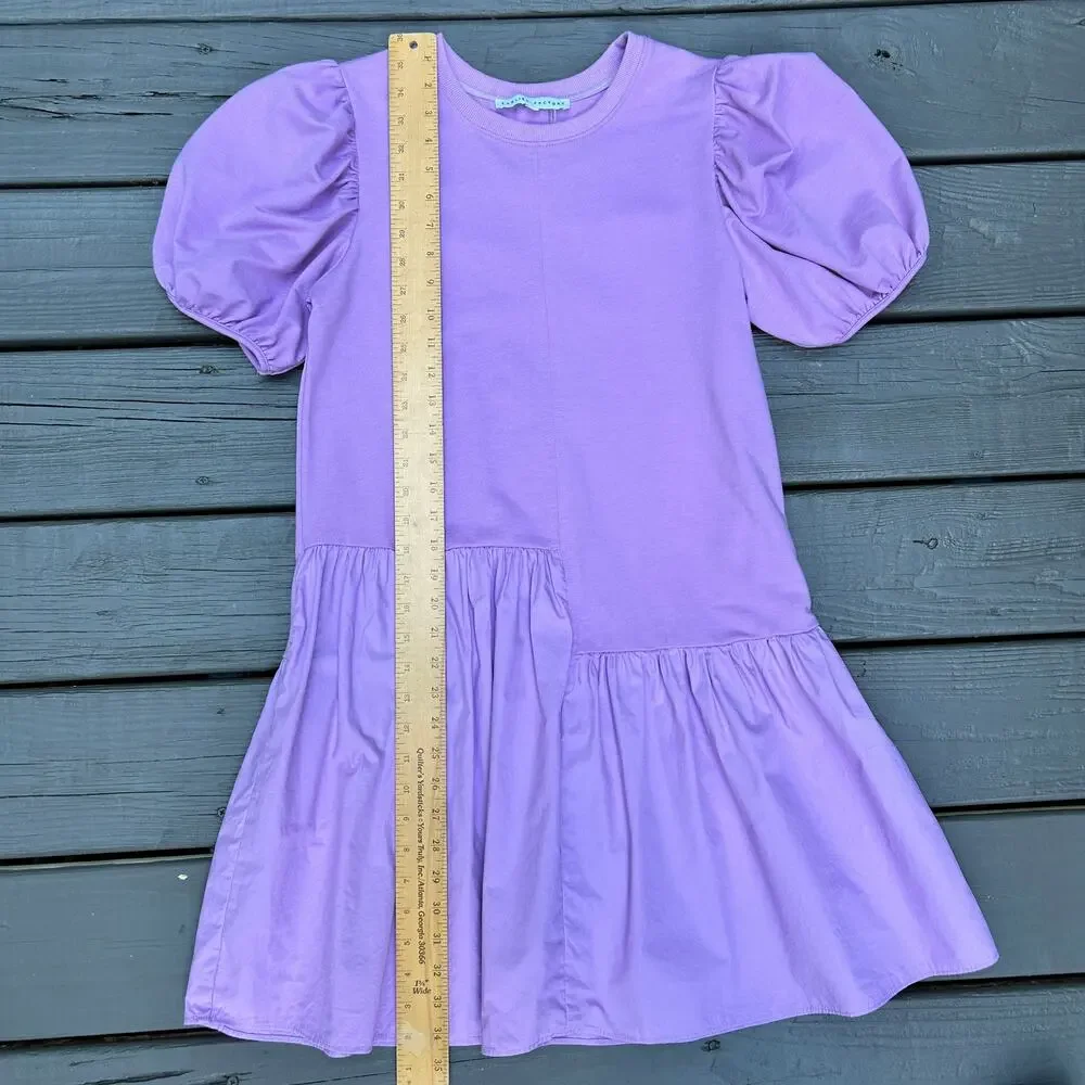 English Factory Knit Woven Mixed Dress Lilac Purple Puff Sleeve Mini Size Small - Picture 6 of 9